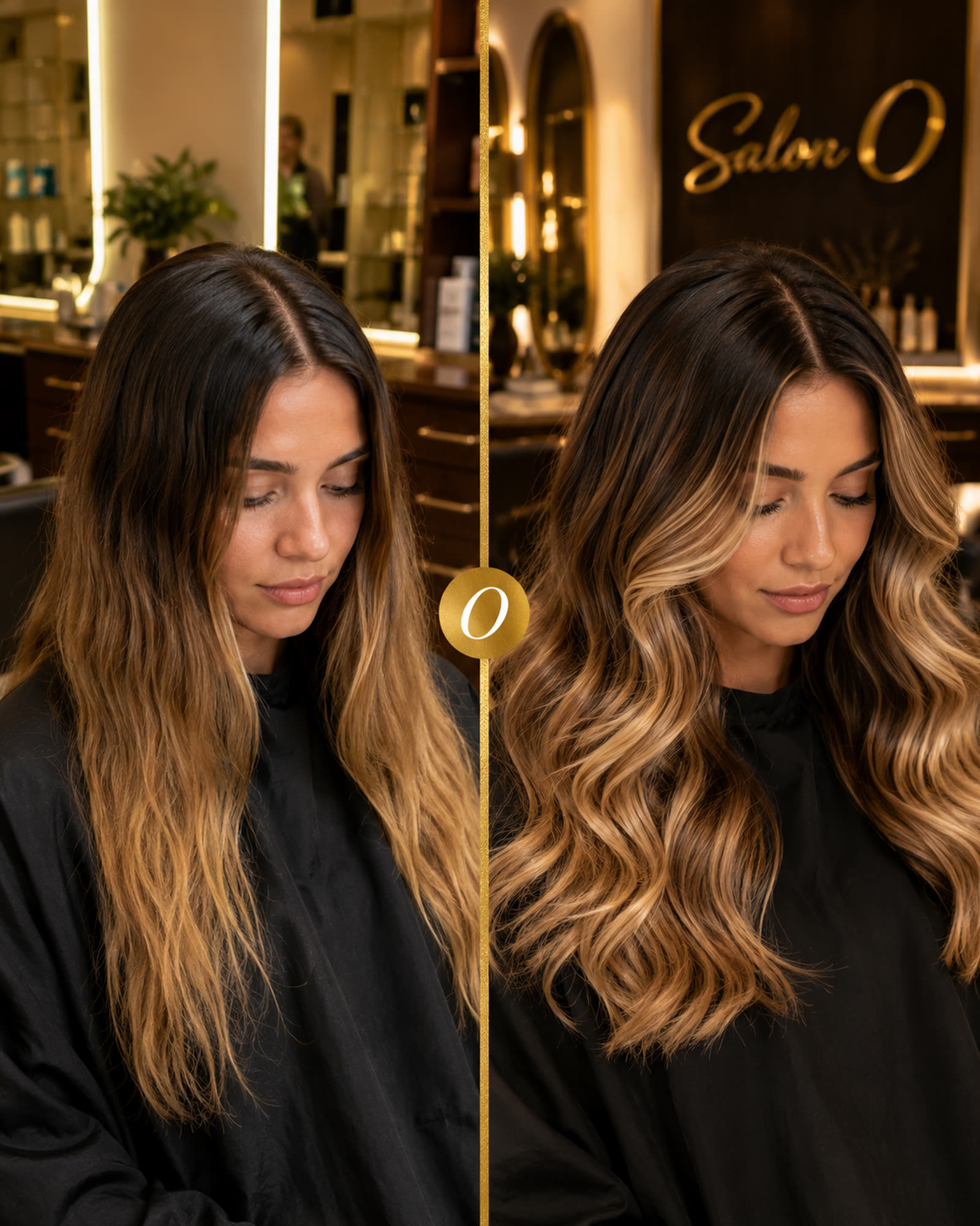 A real Salon O client before and after a color transformation