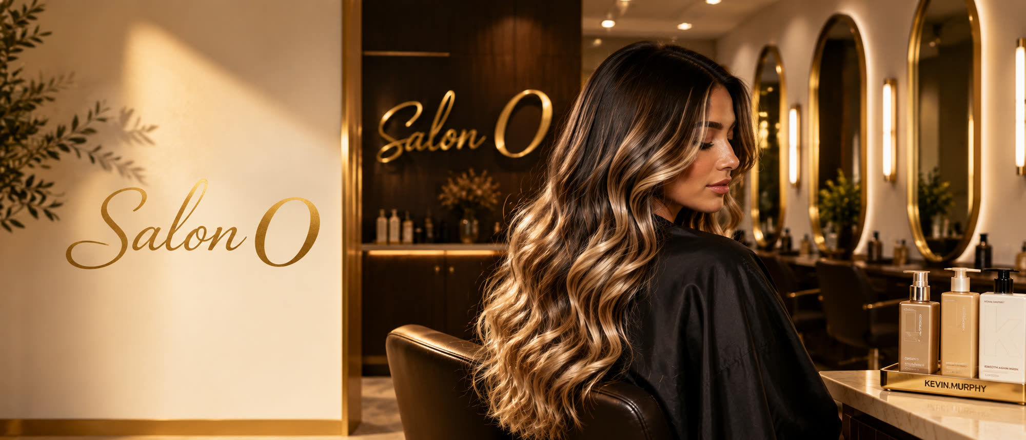 A balayage transformation result in the warm, gold Salon O interior
