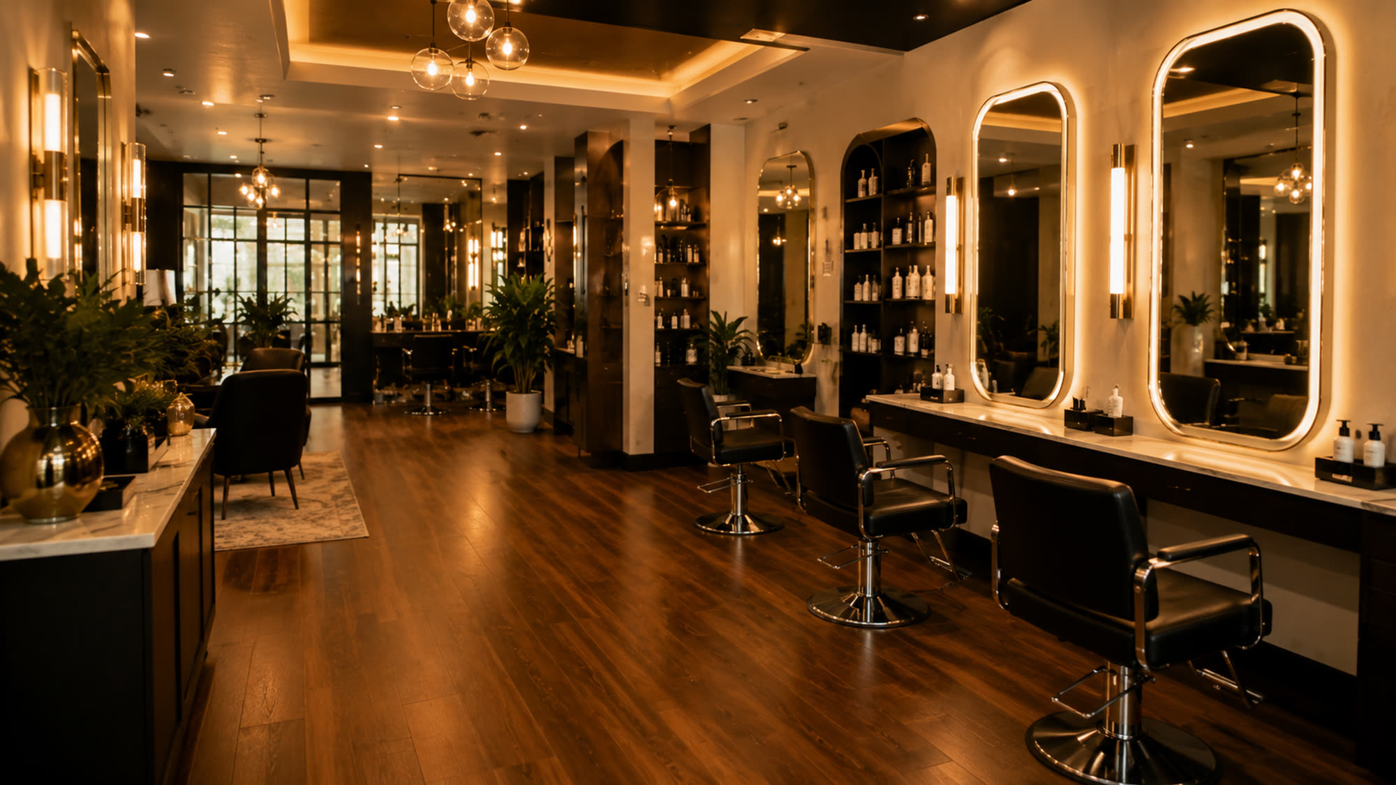 The warm, gold Salon O interior with styling stations and mirrors